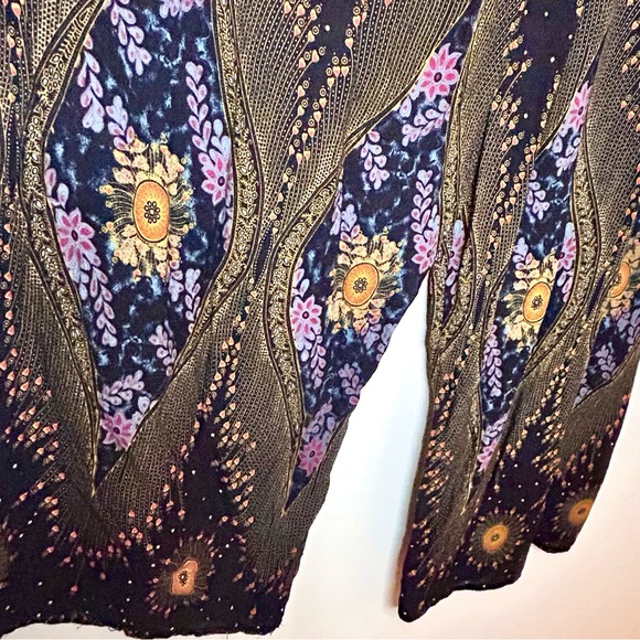 Boho Print Wide Leg Harem Pants Cargo Pocket Purple Gold Red on Black Elastic 1X - Picture 7 of 13